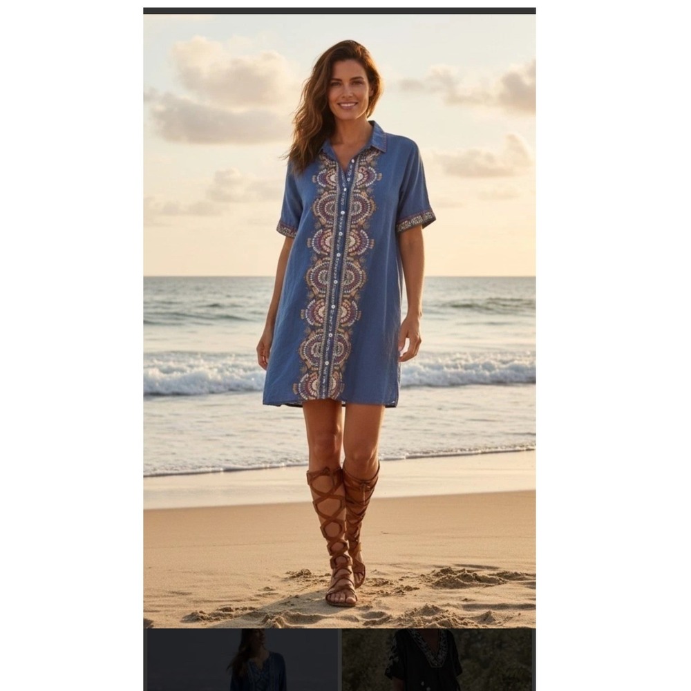 Johnny Was Blue Linen Embroidered Shirt Dress Sz M Coastal, Western, Boho Chic